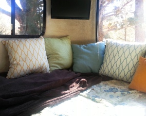 The interior of our Casita trailer, looking out at beautiful scenery. 